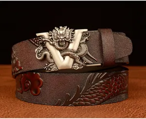 Detailed close-up of the dragon embossed leather belt with metal V-buckle for men style.