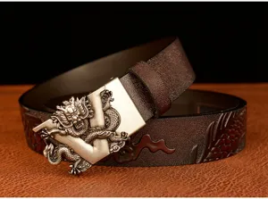 Men's leather belt with dragon metal buckle, embossed cowhide strap for business casual.