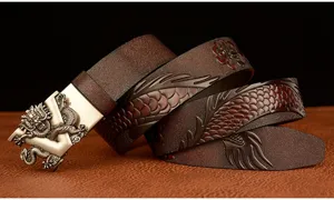 Men leather belt with dragon carved automatic buckle and embossed vintage strap for business.