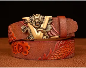 Detailed men's leather belt with embossed dragon pattern and metal buckle for business wear.