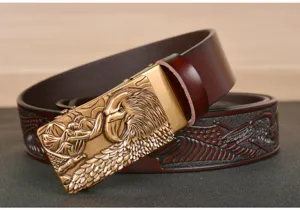 Men leather belt with metallic eagle buckle embossed strap casual business accessory detail view