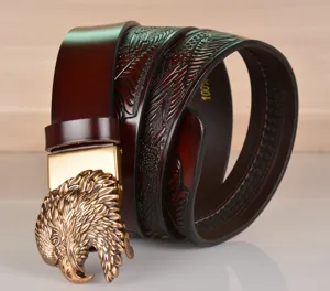 Vintage embossed cowhide men belt with eagle head buckle and feather pattern design.