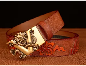 Mens genuine leather belt with gold dragon relief automatic buckle and embossed cloud patterns.