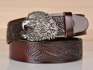 Men's leather belt with vintage eagle head metal buckle and embossed eagle details.