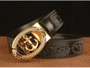 Men's automatic leather belt with stylish anchor buckle and classic embossed pattern design.