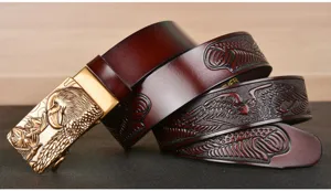 Men's automatic buckle leather belt featuring vintage eagle embossed design for casual wear.