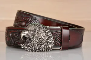 Men's Vintage Cowhide Leather Belt with Eagle Head Buckle Embossed Casual Pants Belt