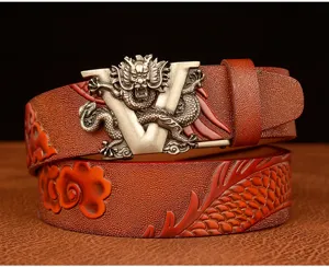 Men's embossed dragon leather belt with metal V buckle vintage business casual trouser belt.