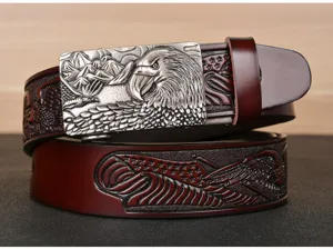 Men leather belt with eagle embossed metal automatic buckle and vintage style strap