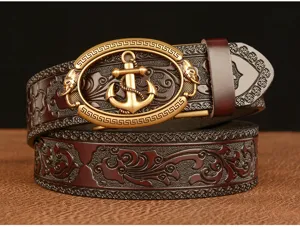 Men's leather belt with retro anchor automatic buckle and exquisite embossed floral pattern.