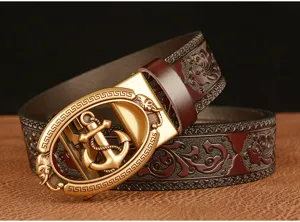 Men leather belt automatic buckle retro anchor casual cowhide belt fashion luxury pants belt for men