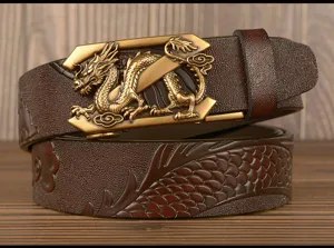 Men's genuine leather belt with embossed dragon pattern and automatic buckle for business.