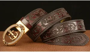 Men embossed leather belt with anchor buckle, vintage casual stylish waist belt for men.