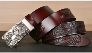 Men's genuine leather belt with eagle embossed pattern and stylish automatic metal buckle.