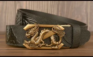 Mens embossed dragon leather belt with automatic metal buckle for business casual style