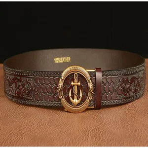Men brown leather belt automatic buckle anchor metal fashion casual trousers belt