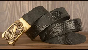 Men's black genuine leather belt with metallic gold dragon automatic buckle and embossed dragon patterns.