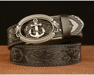 Men's leather belt with anchor automatic buckle and embossed retro scrollwork pattern.