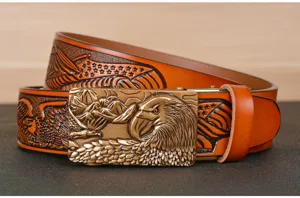 Men leather automatic buckle belt with embossed flying eagle pattern for daily jeans wear.
