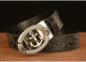 Men's leather belt with automatic buckle, vintage anchor and exquisite Tanggrass pattern embossed design.