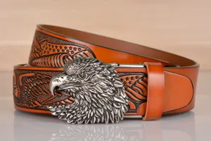 Retro cowhide leather belt for men with cool eagle head buckle and embossed strap details.