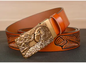 Men's brown leather belt with embossed eagle auto buckle, stylish casual jeans accessory.