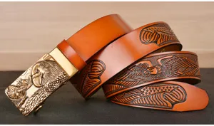 Men's genuine leather automatic buckle belt with eagle embossed design for jeans daily.