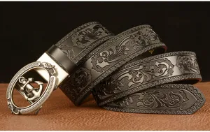 Men's leather belt with vintage anchor automatic buckle and embossed floral pattern.