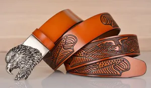 Men leather belt vintage eagle buckle embossed cowhide casual pants strap detailed view