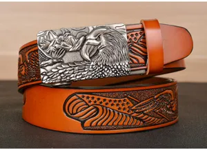Men's genuine leather auto buckle belt with embossed eagle and flag design detail view
