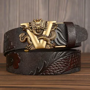 Men Automatic Buckle Cowhide Leather Belt Ethnic Style Dragon Pattern Embossed Business Casual Belt
