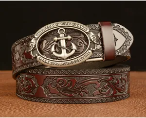 Men's leather belt with vintage anchor buckle and embossed floral pattern for casual wear.