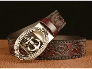 Men's leather belt detail view, automatic buckle with anchor design and embossed scroll pattern for casual wear.