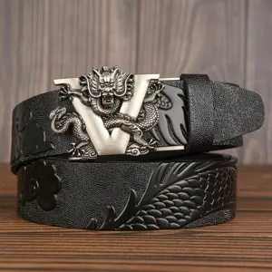 Men's leather belt with dragon embossed automatic buckle and metal V shape design.