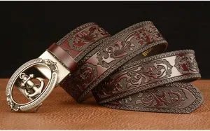 Men automatic buckle leather belt vintage embossed strap stylish anchor design accessory