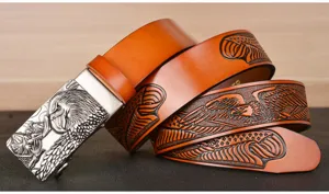 Men's genuine leather automatic buckle belt with eagle embossed pattern for jeans casual wear