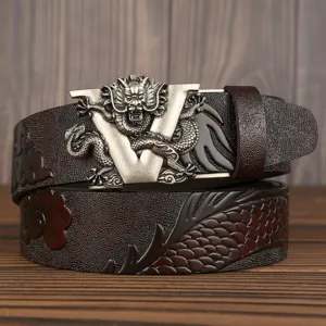 Men's retro brown leather belt with dragon carved metal automatic buckle business casual