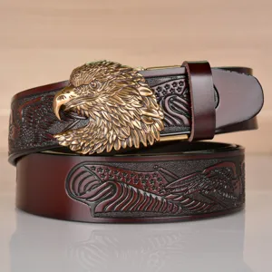 Men's vintage cowhide leather belt with embossed eagle pattern and metal automatic buckle.