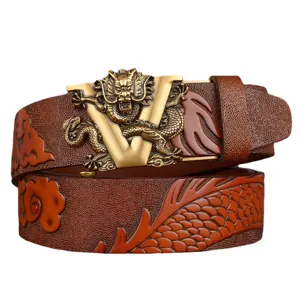 Men leather belt with dragon V buckle, embossed brown cowhide automatic buckle dress belt main view