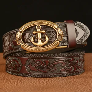 Men's Vintage Cowhide Leather Automatic Buckle Belt Casual Anchor Embossed Scrollwork Pattern Waist Belt For Men