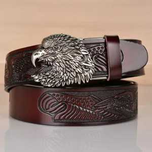 Men's retro cowhide leather belt with metallic eagle head automatic buckle and embossed design.