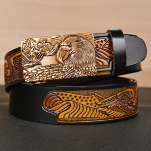 Men's Genuine Cowhide Leather Belt Vintage Eagle Relief Automatic Buckle Jeans Belt Casual Business Waist Band