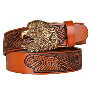 Stylish men's vintage leather belt with embossed eagle pattern and metallic buckle.