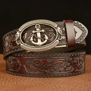 Men's leather automatic belt with retro anchor buckle and embossed floral pattern design.
