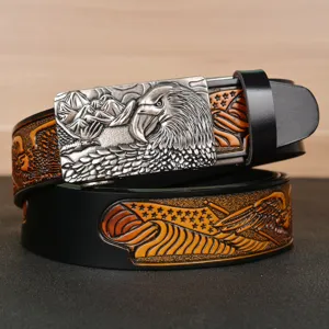 Men's leather belt with eagle embossed metal automatic buckle for stylish casual wear.