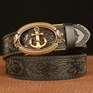 Men vintage leather belt with gold anchor buckle automatic embossed scroll pattern waist