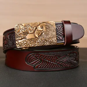 Men's leather belt automatic buckle embossed eagle brown cowhide casual jeans belt