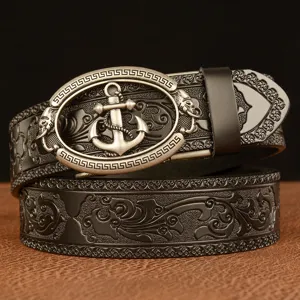 Men's leather belt automatic buckle casual fashion anchor embossed strap retro design