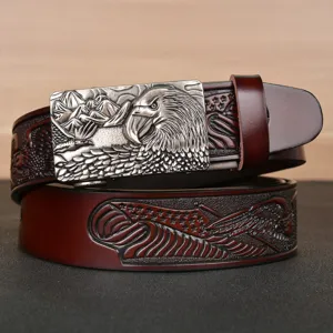 Men's leather automatic buckle belt with eagle relief embossed design for jeans.