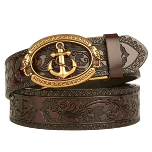 Men's genuine leather automatic buckle belt with anchor carved vintage design fashion strap.
